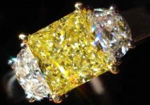 SOLD.....Thee Stone Diamond Ring: Intense Yellow Princess Cut Diamond GIA Report Platinum HALF MOON R2149