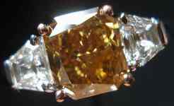 SOLD....Three Stone Diamond Ring: 1.72 Fancy Deep Brown-Yellow Radiant Diamond GIA Step Cut Traps R2650