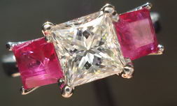 SOLD...Three Stone Ring: 1.05 I VS2 Princess Diamond and Ruby white gold R1562