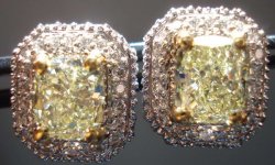 SOLD.....Halo Diamond Earrings: 3.06ct Light yellow Cushion Diamonds R1715