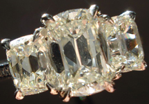 Three Stone Diamond RIng: 1.09 ctr, 1.05tw Sides Daussi Cushons in Platinum R3143