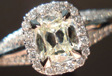 SOLD...Halo Diamond Ring: .47ct Faint Yellow Daussi Cushion in sturdy yet dainty setting R3150
