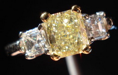 SOLD....Three Stone Diamond Ring: .70 Light Yellow Radiant W Asscher Side Diamonds Trade up special R272