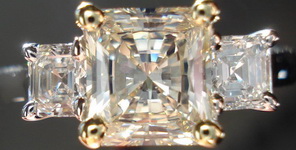 SOLD:Three Stone Diamond Ring: .96ct Faint Yellow Radiant W Asscher Side Diamonds Trade up special R955