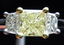 Three Stone Diamond Ring: .70ct Square Modified Brilliant Y-Z VVS1 GIA 18kt Yellow and White Gold R3598