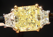 Three Stone Diamond Ring: 1.80ct Radiant Cut Fancy Yellow VVS2 GIA Platinum and 18K Yellow Gold R3311