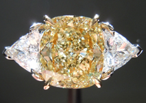 SOLD.....Three Diamond Ring: 2.13ct Fancy Yellow Cushion SI2 Trilliant Side Stones GIA R3866