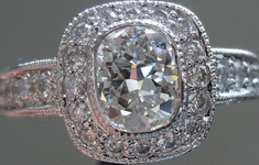 Halo Diamond Ring: 1.00 F/VS2 Cushion Platinum Old Fashioned Sparkle GIA R4031
