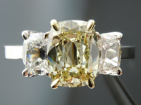 SOLD....Three Stone Ring: 1.57ct Brownish Greenish Yellow Daussi Cushion GIA Diamond 18K  R4110