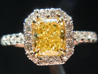 Diamond Halo Ring: .71ct Radiant Cut Fancy Intense Yellow SI2 GIA Platinum and 18K R4138