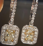 SOLD...Yellow Diamond Earrings: .72cts W-X VS1 Radiant Cut Diamond Halo Dangles R5453