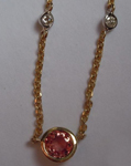 SOLD...Sapphire Necklace: 1.25ctw Salmon Round Brilliant Sapphire and Diamond Necklace R4559