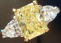 SOLD......Three Stone Ring: GIA 1.51carat Fancy Yellow/VS2 Radiant Cut Diamond Shield sides R1774