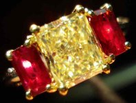 SOLD......Three Stone Diamond and Ruby Ring : 2.04 Fancy Light Yellow VVS1 Radiant R2082 