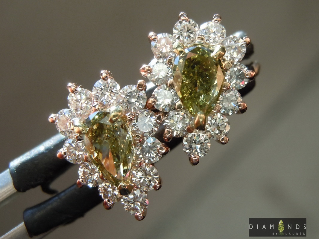 SOLD.....0.42ctw Green-Yellow SI2 Pear Shape Diamond Earrings R9401