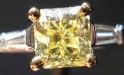 SOLD....Three Stone Diamond Ring: .96ct Radiant Fancy Yellow GIA Baguette Ring R1583 