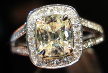 SOLD.....Halo Diamond Ring: 1.11 Slightly tinted Daussi Cushion Split Shank Platinum Ring R3067
