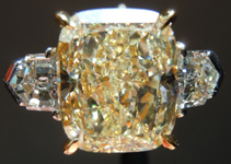 SOLD....Three Stone Diamond Ring: 4.37ct S-T Cushion GIA  Bullet Side Stones R2513