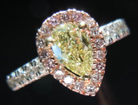 SOLD....Diamond Halo Ring: .38ct Fancy Yellow Pear Shape Diamond Pink White and Yellow Gold Halo Ring R3405