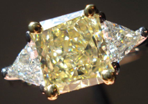 SOLD...Three Stone Diamond Ring: 1.37ct Fancy Yellow Radiant VS2 GIA Trilliant Side Stones R3458