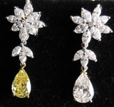 SOLD......Diamond Earrings: 4.51ct TW Fancy Yellow and G color Pear and marquise Dangle R3878