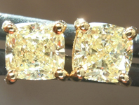 SOLD... Yellow Diamond Earrings: 1.07ctw Natural Light Yellow Cushion Cut Diamond Stud Earrings GIA R6008
