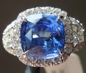 SOLD..........Sapphire Ring: 3.61ct Blue Cushion Cut Sapphire Three Stone Diamond Halo Ring R6116