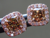 SOLD...Brown Diamond Earrings: 1.07cts Fancy Deep Orangy Brown Cushion Cut PINK Diamond Halo Earrings R6166