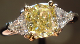 SOLD....Three Stone Ring- GIA 1.38ct Cushion Cut Fancy Light Yellow Diamond Ring w/Trilliants R1421