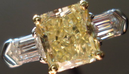 SOLD....Yellow Diamond Ring: 1.37ct Fancy Yellow SI2 Radiant Cut GIA Diamond Ring w/ tapered bullets R1516 
